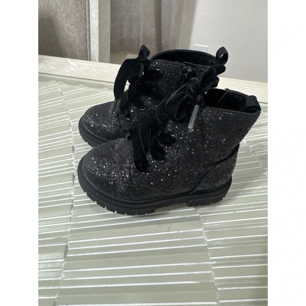 Cat & Jack Girls Black Glitter Combat Boots Velvet Laces Side Zip Size 7 Toddler